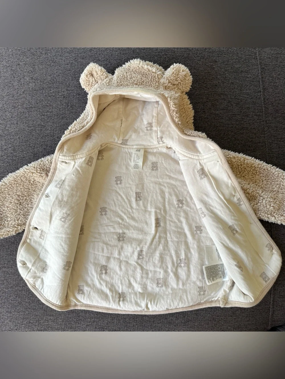 H&M Neutral Cream Beige Sherpa Baby Jacket Fleece Teddy Bear Ears Baby Boy 9M